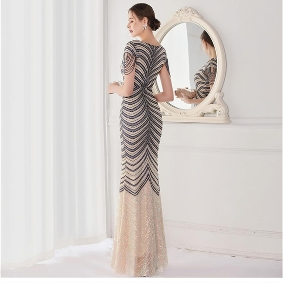 Navy/Ivory , Short Rhinestone Sleeves,  Sequined,  V Neck, Mermaid Maxi … - Picture 6 of 16